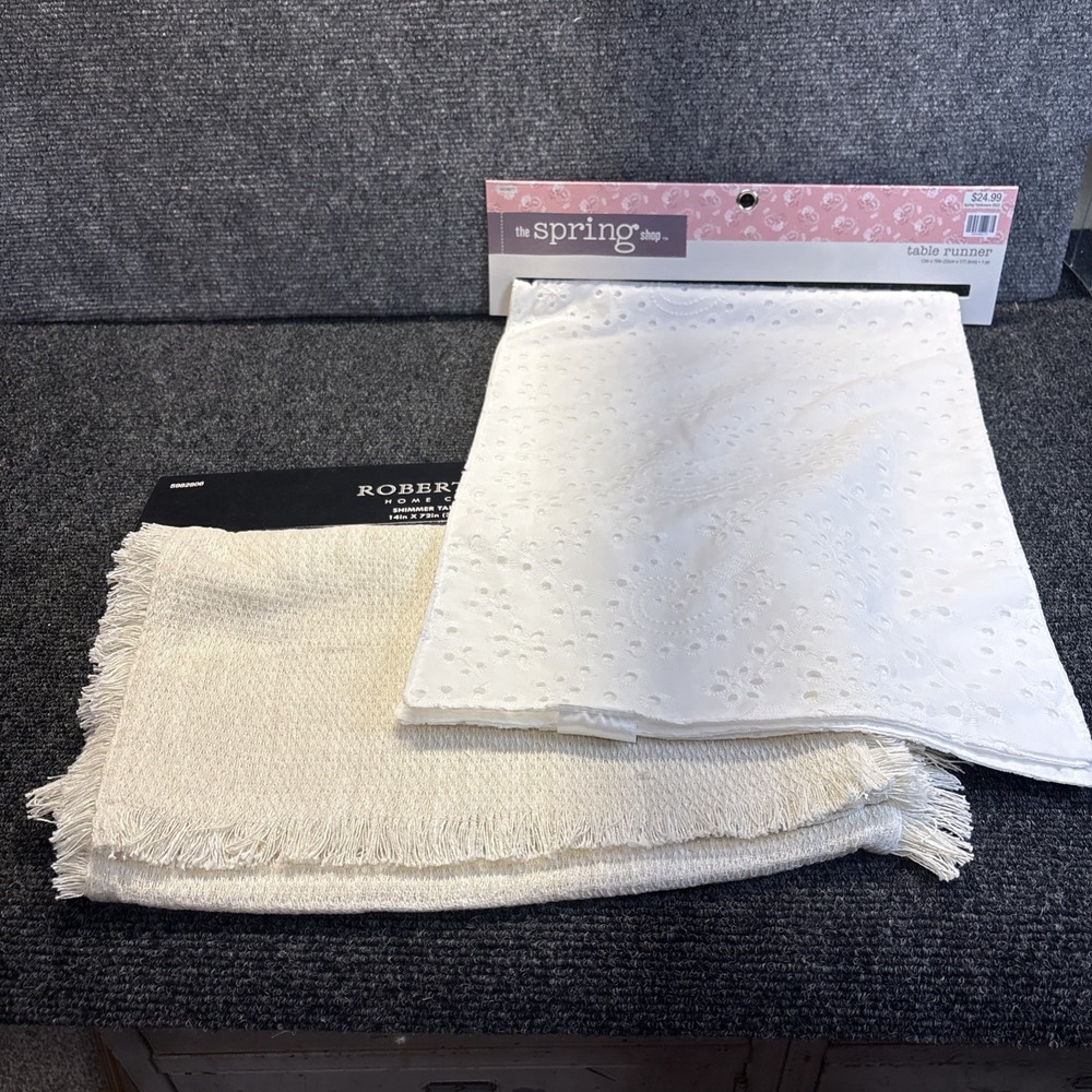 Lot of 2~Table Runners~White Eyelet 13'x70"~Shimmer w/Fringe 14"x72"~NWT